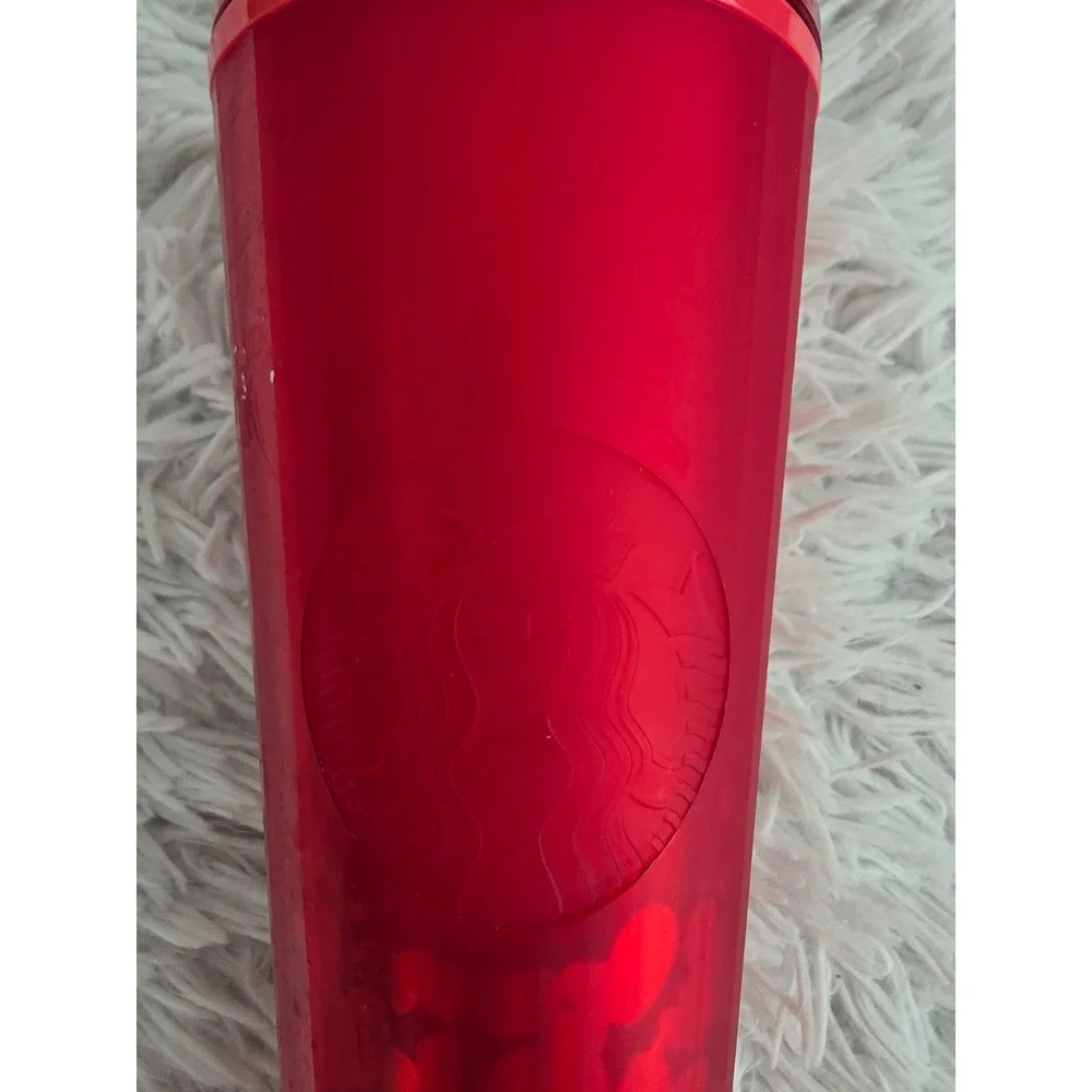 Starbucks Ruby Red Hearts Venti 24oz Cold Cup Tumbler with Faceted Lid and Straw